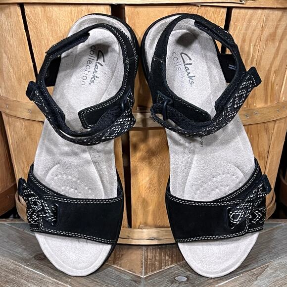 Clarks Amanda Sprint Black Suede Asbstract Textile Adjustable Sandals Womens 8.5 - Picture 9 of 12